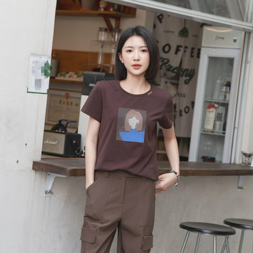 设计感常规咖啡色纯棉女英伦短袖