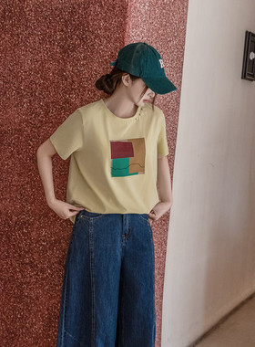 夏季新款棉质圆领浅黄色正肩宽松短袖女印花刺绣原创设计休闲T恤