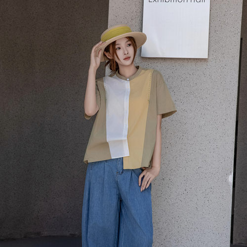 甲乙丙丁宽松甜美田园拼色短袖