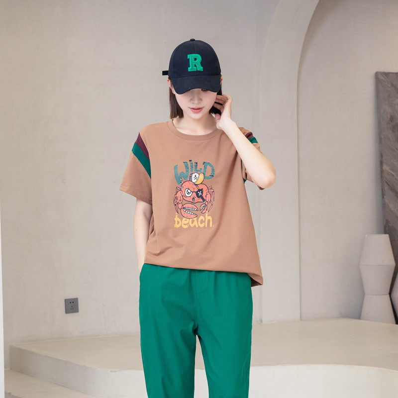 夏季韩版女休闲时尚宽松圆领纯棉驼色拼接撞色印花卡通短袖女上衣