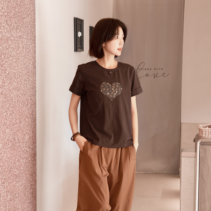夏季新款女圆领正肩纯棉咖啡色短袖复古设计印花显瘦个性上衣女