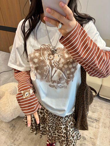 Pandawarks熊猫纸袋26320条纹兔耳小鹿纯棉圆领长袖T恤宽松显瘦秋