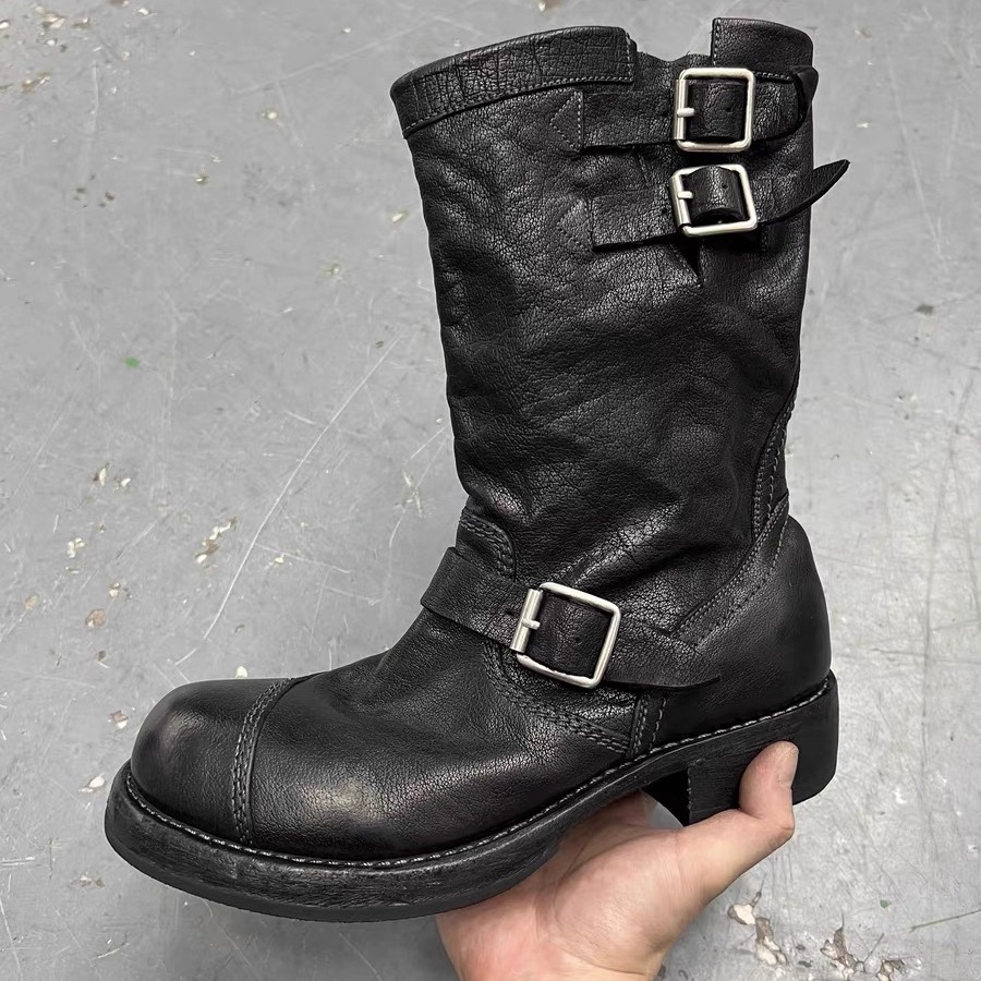 暗黑复古做旧皮带扣机车靴男朋克粗跟工程师靴大头厚底摩旅骑士靴