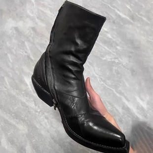 暗黑缝线拼接方头巫师靴水洗做旧男女拉链切尔西皮靴翘头西部靴子