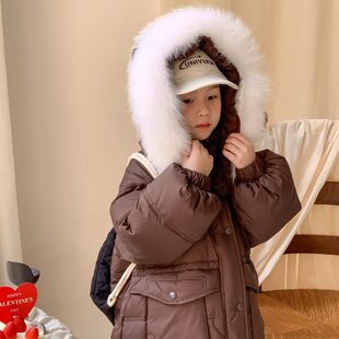 中长款外套冬款儿童2024韩版羽绒服女童童过膝羽绒大毛领外套纯色