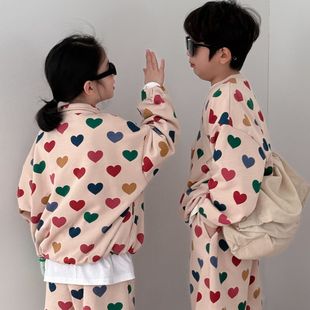 春款满版拉链套装卫衣女童2025韩版套装彩色装童儿童男童爱心兄妹