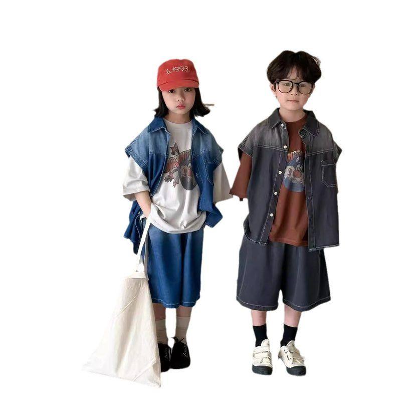 牛仔童两件套套装背心套装休闲女童韩版男渐变色短裤儿童2024夏款,童装/婴儿装/亲子装,套装,淘宝优惠券,粉丝福利购,淘宝优惠卷