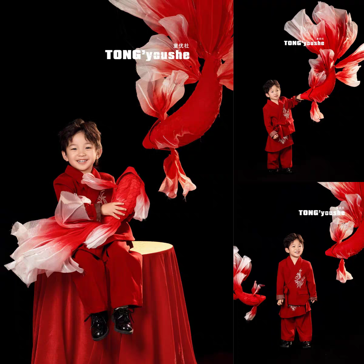 儿童摄影服装红色锦鲤新中式西装男孩影楼国风主题肖像写真道具