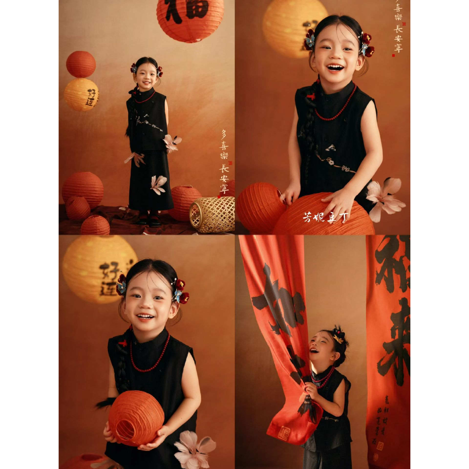 马年新年新中式国风儿童旗袍黑色刺绣立领连衣裙新年主题摄影服装