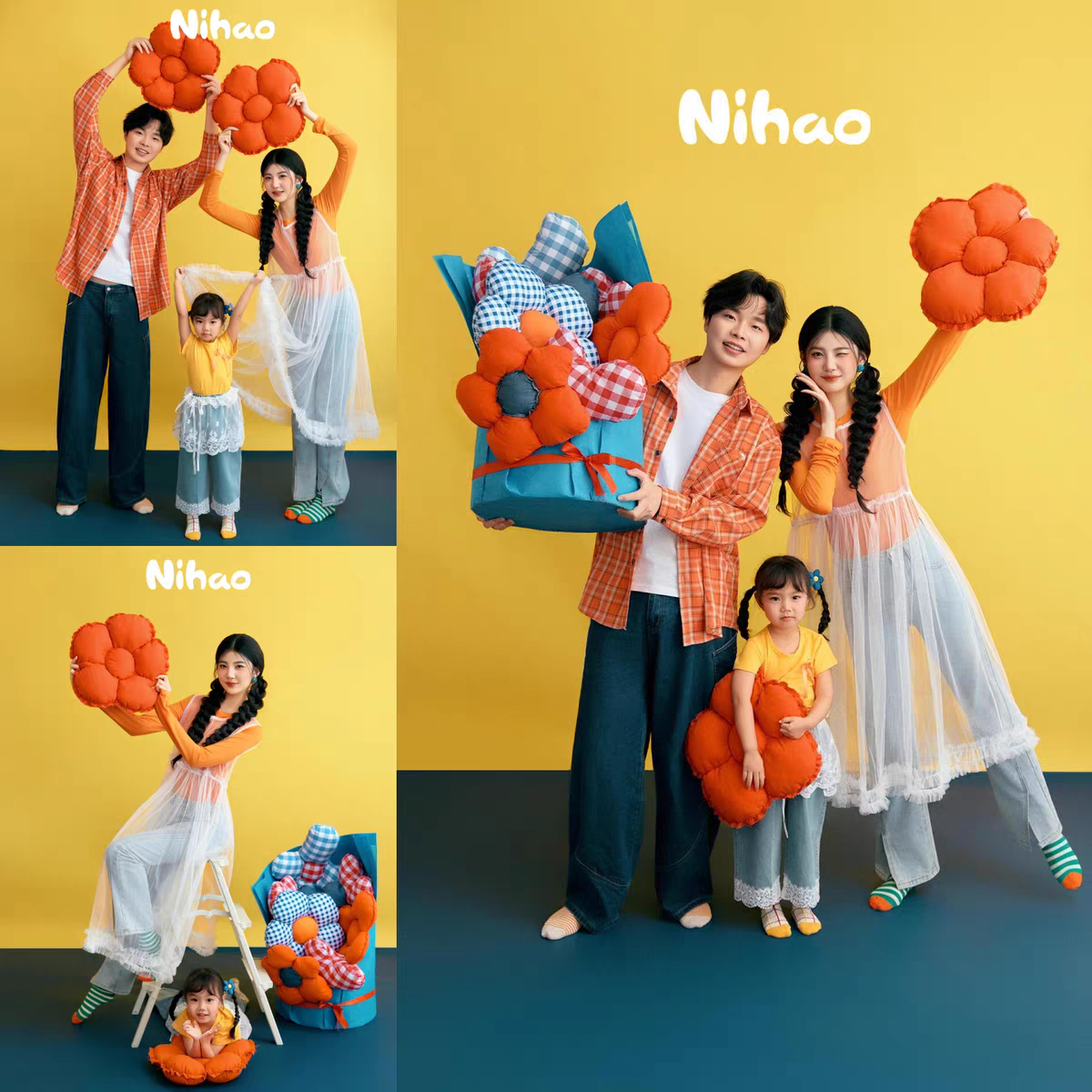 新款全家福亲子装夏天多巴胺一家三口亲子照母女照影楼拍照道具