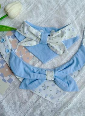 自制碎花蓝色猫咪三角巾韩系田园风狗狗口水巾可爱宠物围兜小清新