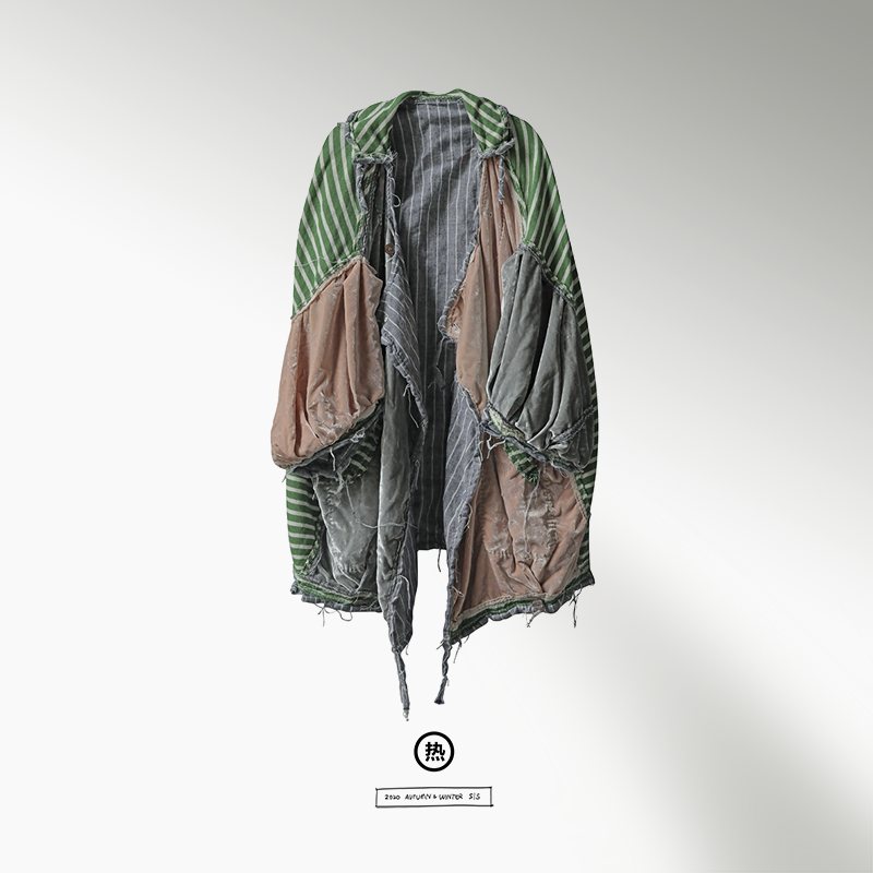 绿条丝绒灯笼风衣  厚实棉针织 棉麻条纹里布 层次丰富  热水女装