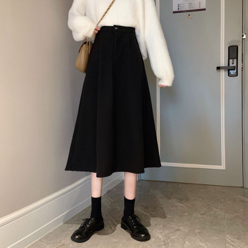 Real shooting and real price ~ 2021 new Korean woolen skirt with elastic waist and girls' medium and long A-line skirt