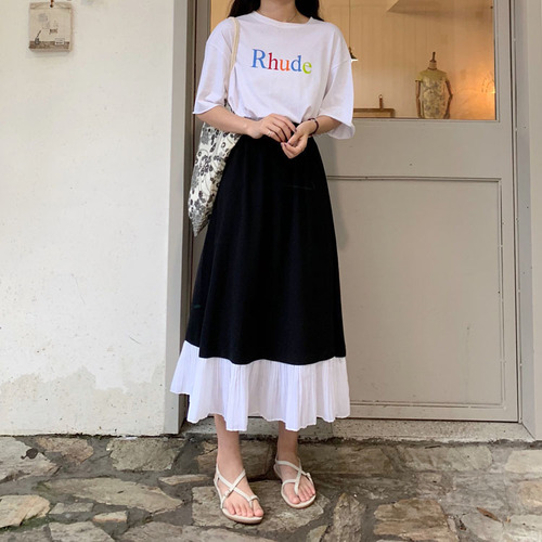 Actual real price~2023 Korean version loose high waist thin pleated skirt women's mid-length A-line skirt splicing skirt