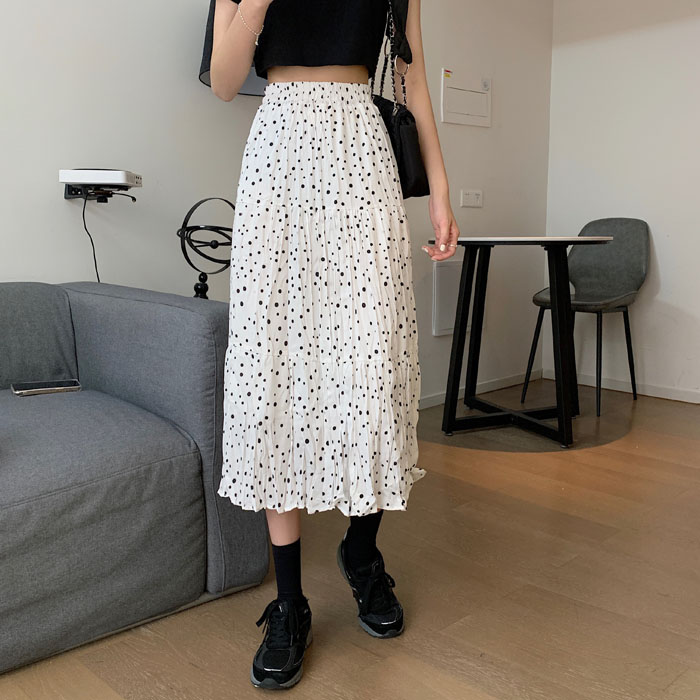 Real price ~ New Korean wave dot floral medium length pleated skirt with elastic waist and thin splicing skirt