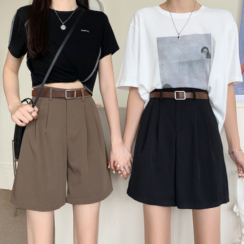 Real shot real price free belt 2023 Korean version of suit pants wide-leg pants semi-elastic waist loose texture casual shorts