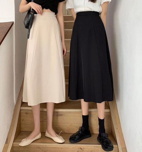 ~2023 new Korean version high waist thin mid-length a-line skirt solid color over the knee all-match skirt for women