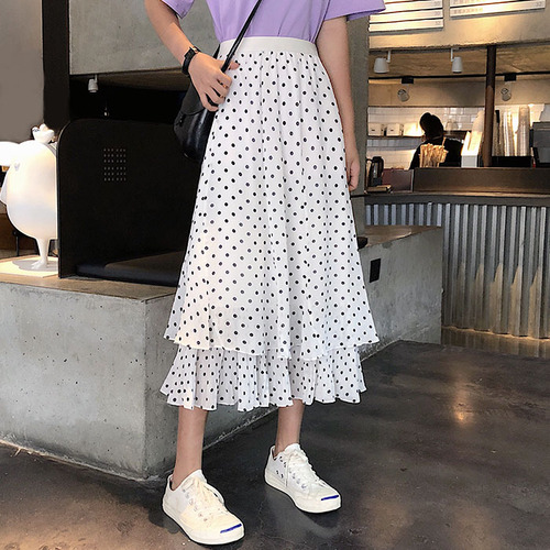 Special Price ~Korean Chiffon Point Loose Waist Pleated Skirt Mid-long A-shaped Skirt Half-length Skirt