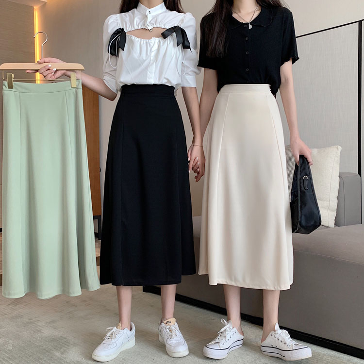 Real price ~ 2021 new Korean pure color drop feeling high waist show thin A-line skirt medium length skirt half length skirt female