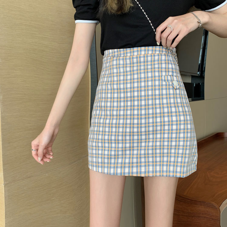 Real price ~ Spring New Korean design lattice skirt with high waist and thin A-line skirt