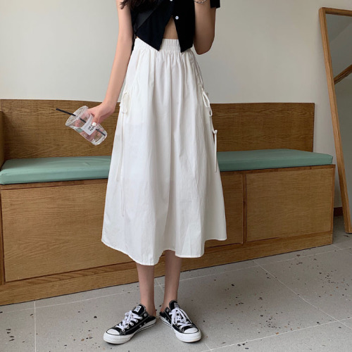 Real price ~ white skirt summer 2021 new ribbon high waist A-line skirt mid long skirt style