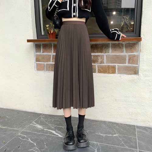 Real price ~ New Korean college style retro versatile pleated skirt medium long A-line skirt, women's skirt