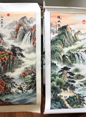 丹青旭日东升瀑布客厅玄关国画