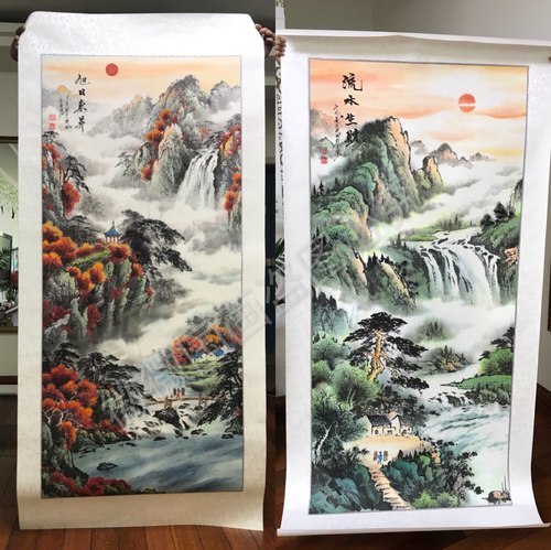 丹青旭日东升瀑布客厅玄关国画