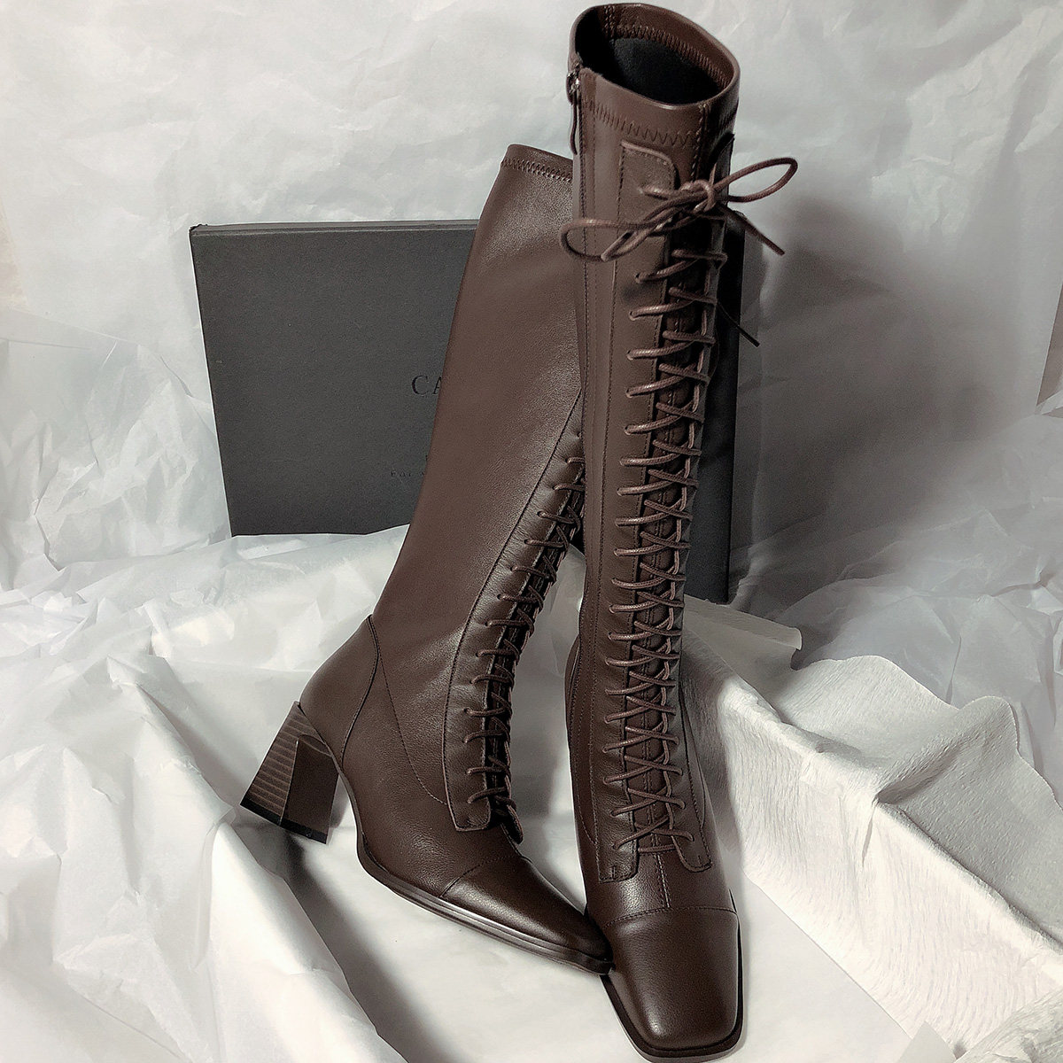 thumbnail for Senyu Haixiang 2025 new leather high heels lace-up knee-length boots retro color-blocking square-toe high boots for women
