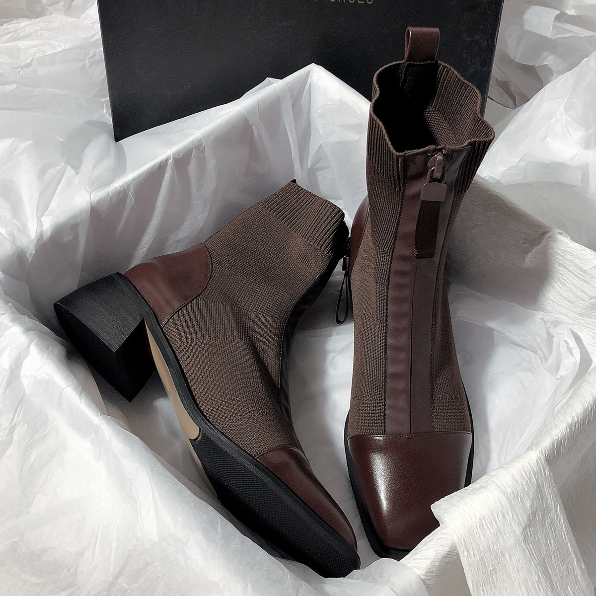 Sen Yu Hai Lane 2022 new pattern genuine leather Thin With crude zipper Elastic force Bootie literature Retro Bootsin the Women's Shoes, Boots, Stretch Boots/Socks and boots category - from Buy2taobao.com to provide professional Taobao agent buy service