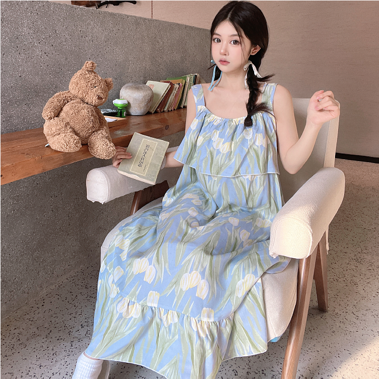吊带睡裙女棉绸夏季宽松大码双层防凸点薄长款连衣裙人造棉家居服