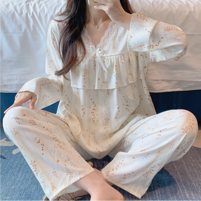 睡衣女棉绸春秋薄款套装甜美清新宽松V领防凸点夏天人造棉家居服