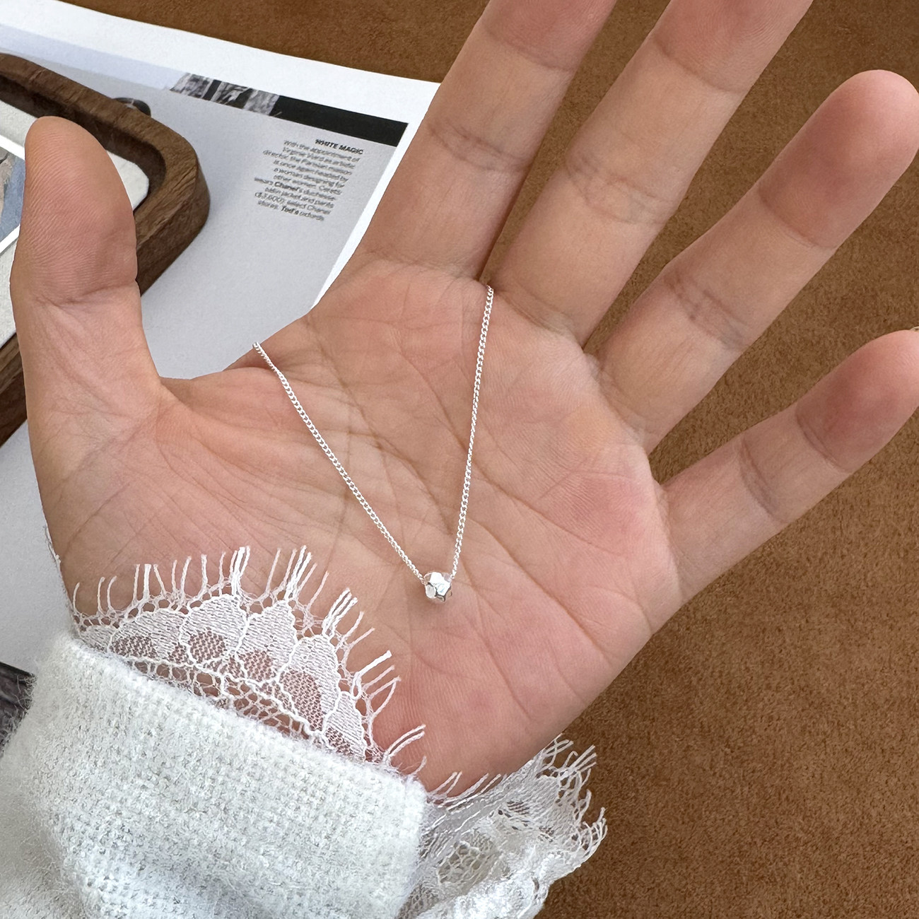 s925纯银韩版ins风切面不规则圆珠简约女款项链