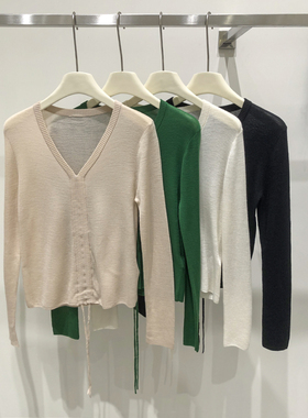 反季特价！！女装18针透视纯羊毛抽绳V领针织衫YL-2595