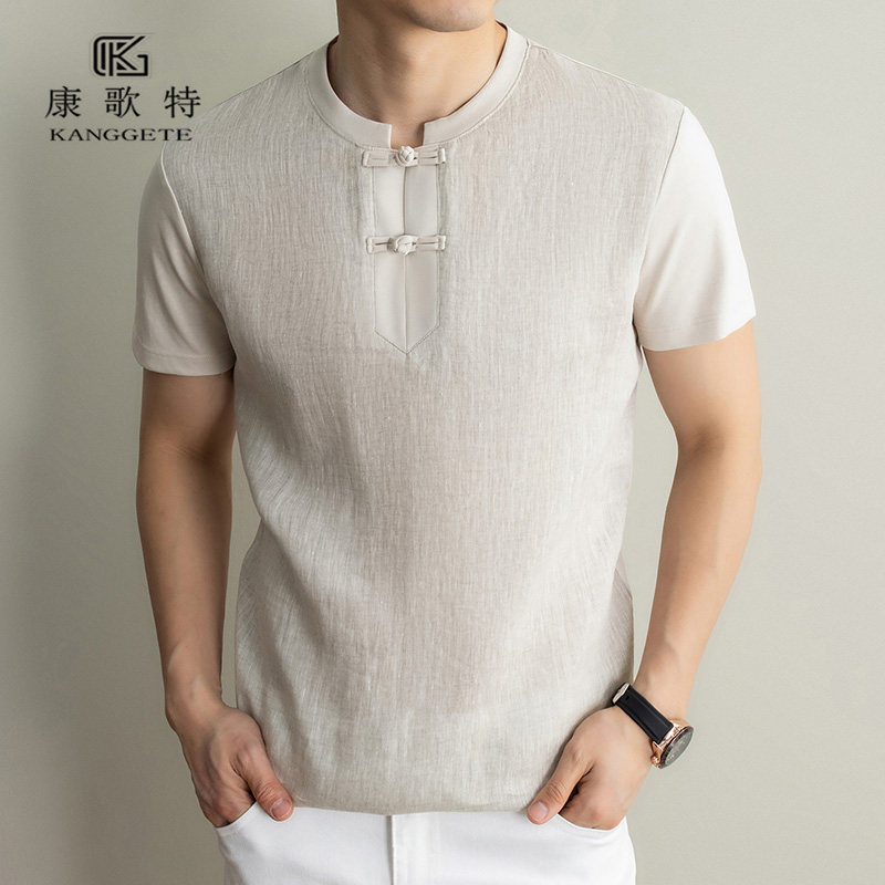 康歌特男士夏季圆领短袖时尚休闲常规中年潮流宽松亚麻商务风 T恤