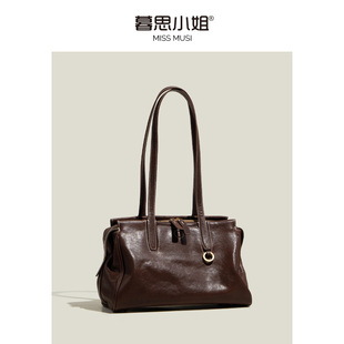 暮思小姐植鞣头层牛皮波士顿包女2024秋季 复古mini手提斜挎包 新款