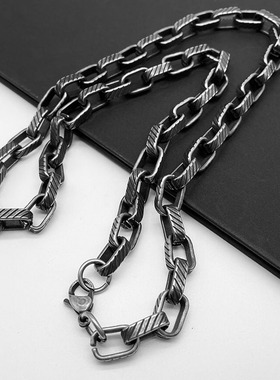 hiphop嘻哈做旧复古银竹节项链街头潮流钛钢锁骨链个性古巴链男