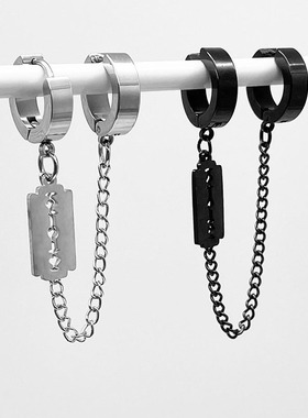 无耳洞刀片耳夹耳骨链男生小众设计感独特耳挂黑色酷帅女耳环耳饰