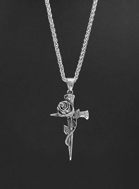 DarkChic高街风荆棘玫瑰花十字架项链男女钛钢吊坠嘻哈毛衣配饰潮