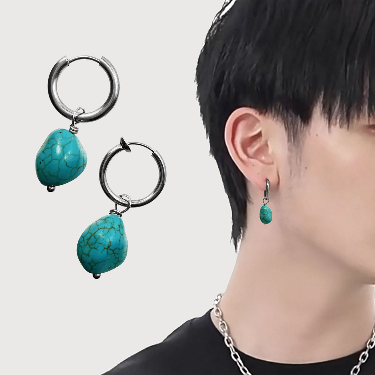 不规则绿松石耳环无耳洞耳夹男嘻哈个性民族风手工藏饰耳饰女耳坠