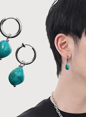 不规则绿松石耳环无耳洞耳夹男嘻哈个性民族风手工藏饰耳饰女耳坠