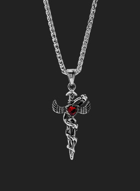 红宝石圣剑吊坠长款项链嘻哈男士潮流复古盘龙宝剑挂件钛钢不掉色
