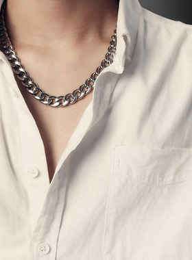 不掉色钛钢古巴项链男士女夸张粗链条金属短锁骨素链嘻哈潮酷港风