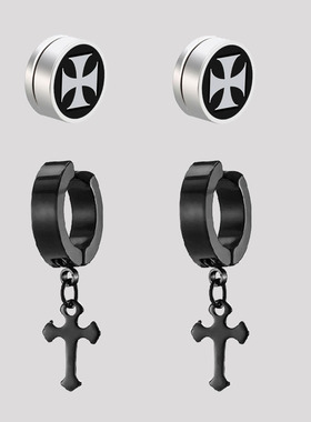 无耳洞黑色小十字架耳夹磁吸耳钉耳环男士酷帅女生钛钢耳坠耳饰