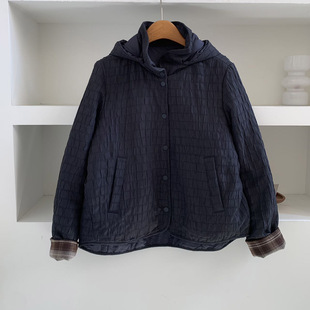 韩版连帽压褶棉服休闲纽扣简约百搭短款宽松保暖锁温女款上衣外套