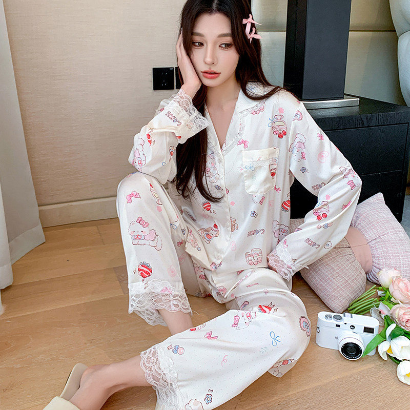 网红卡通冰丝睡衣女春秋季长袖甜睡衣/家居服套装