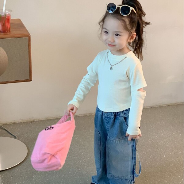 2025春季新款童装女童短款开叉时髦上衣韩版女宝宝洋气长袖打底衫