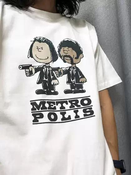 Tinggeer Store T-Shirt Pink Peanuts Cartoon Snoopy Charlie Brown Couple Style Short Sleeve Unisex Pulp Fiction