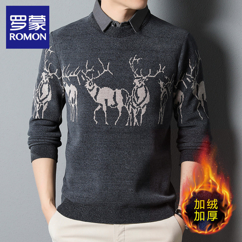罗蒙加绒保暖假两件针织衫男2025秋冬新款商务行政小鹿衬衫领毛衣,男装,针织衫/毛衣,淘宝优惠券,粉丝福利购,淘宝优惠卷