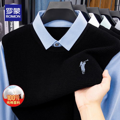 罗蒙秋冬纯棉假两件刺绣针织衫男
